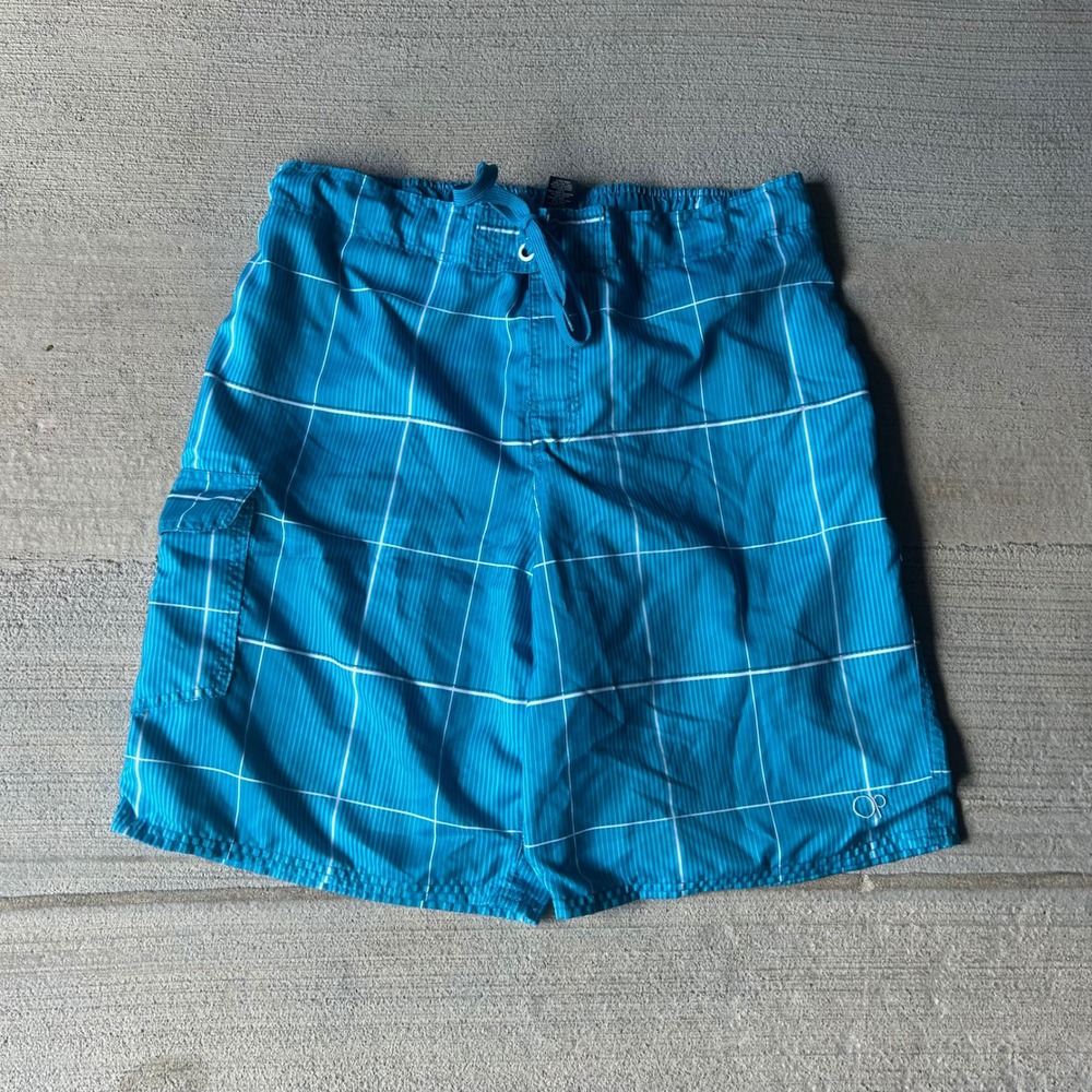 Vintage 2000s Ocean Pacific Mens Aqua Blue Grid Cargo Board Shorts